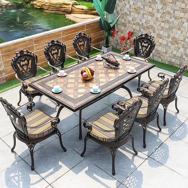 Обеденный стол для летних веранд ресторанов и кафе, столы с керамикой уличные для гостиниц и пансионатов, металлическая мебель из литого алюминия, мебель в столовую на веранду